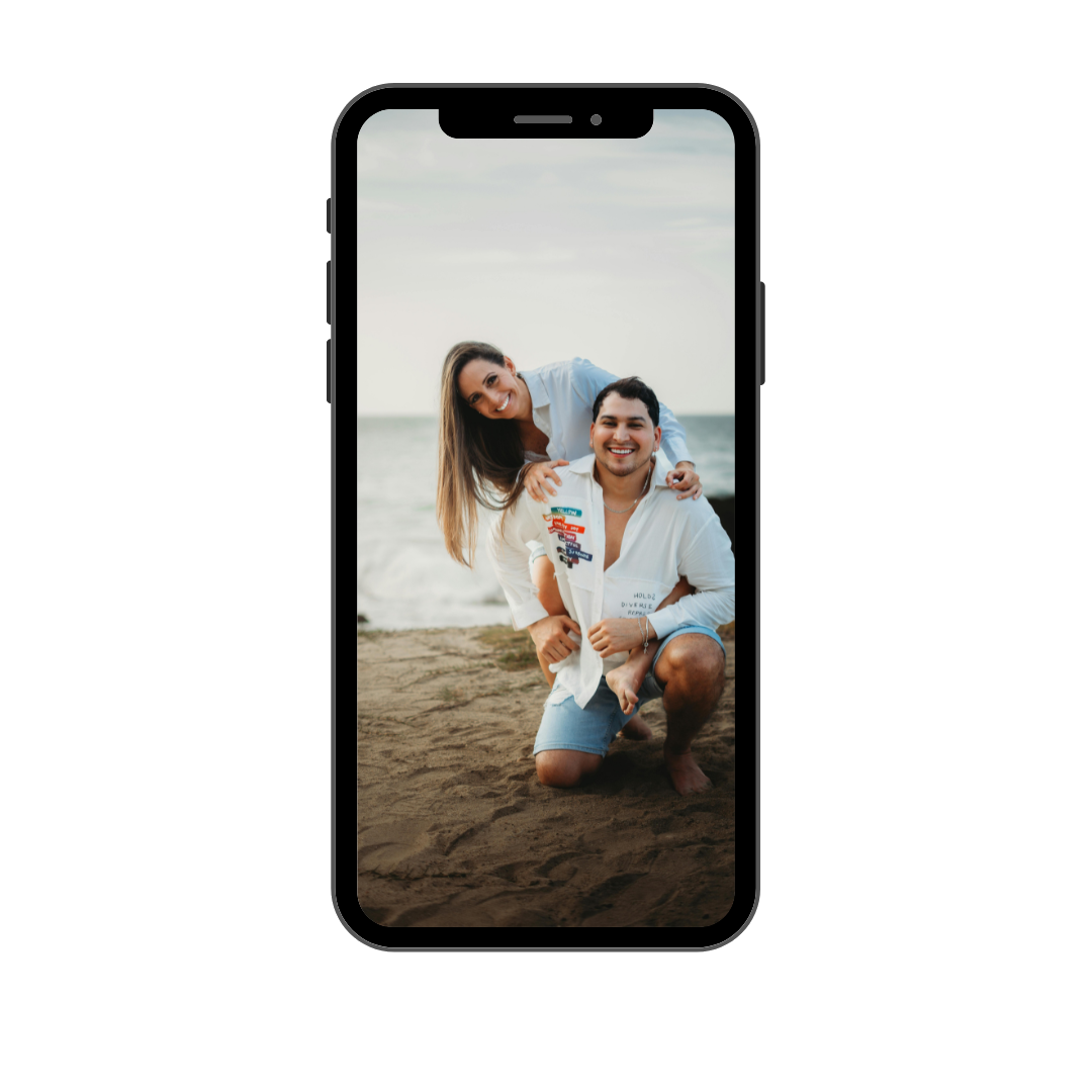 a phone mockup with an image from a happy couple